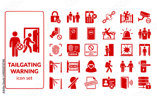 Tailgating Warning Security-Breach Unauthorized-Entry Access-Violation Piggybacking-Prevention Sneaking-Behind Prohibited-Entry Vector Icon Set - Access Violation