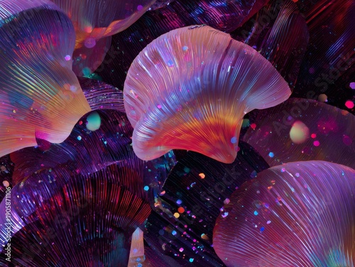 Vibrant abstract background with colorful fan-shaped elements and glowing particles