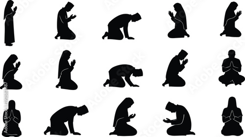 Muslim men and women in various prayer positions silhouettes