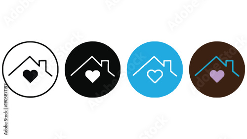 Four circular icons depicting a house with a heart inside, each in a different color.