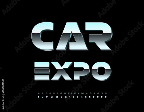 Vector Techno sign Auto Expo. Fashion Silver 3D Font. Modern Metallic Alphabet Letters and Numbers set.