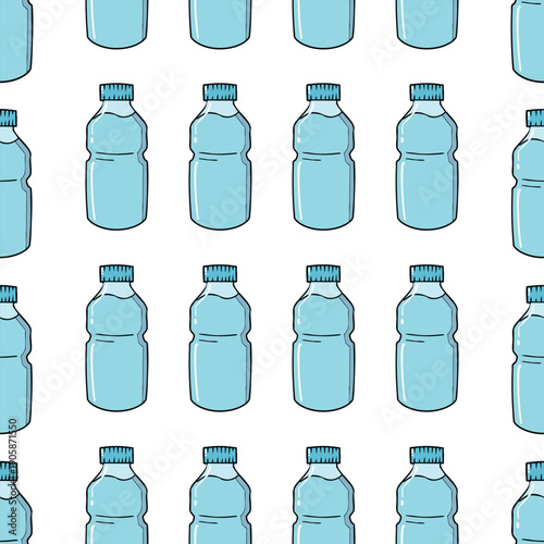Minimalist seamless pattern featuring many blue plastic bottle repeating across a white background design