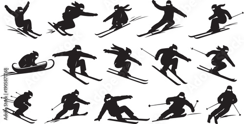 Silhouette of Skiers in Various Poses on Snowy Slopes