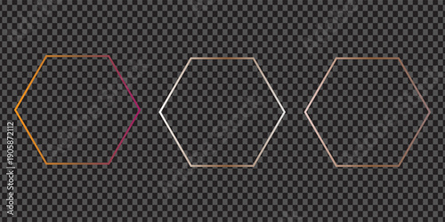 Set of three gold, silver and rose gold glowing rounded hexagon frames isolated on dark transparent background. Shiny frame with glowing effects. Vector illustration