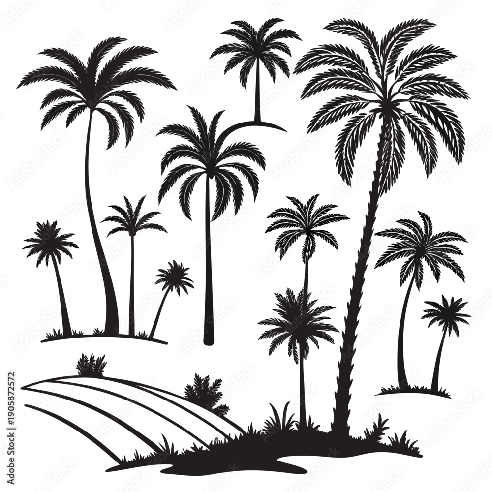 Naklejka premium A black and white drawing of palm trees on an island Vector