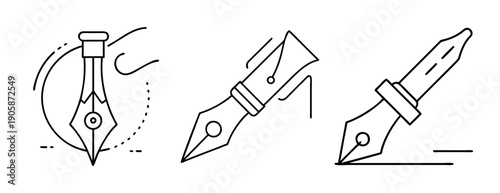 Elegant line art fountain pen nib icons for writing design
