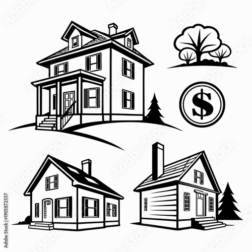 Three houses with different architectural styles and a dollar coin Vector
