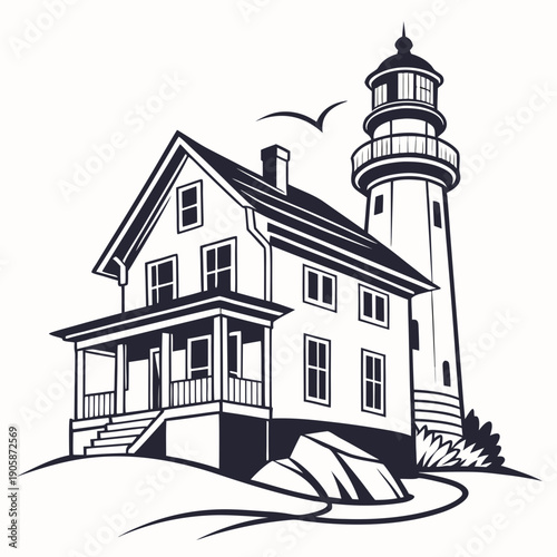 A black and white drawing of a house with a lighthouse Vector