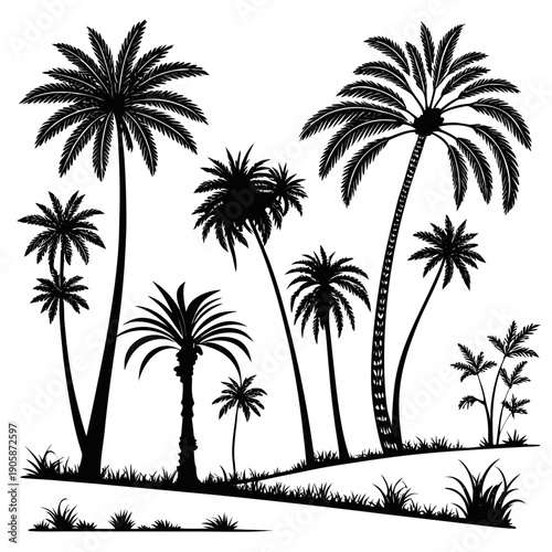 A black and white image of palm trees on a hill Vector