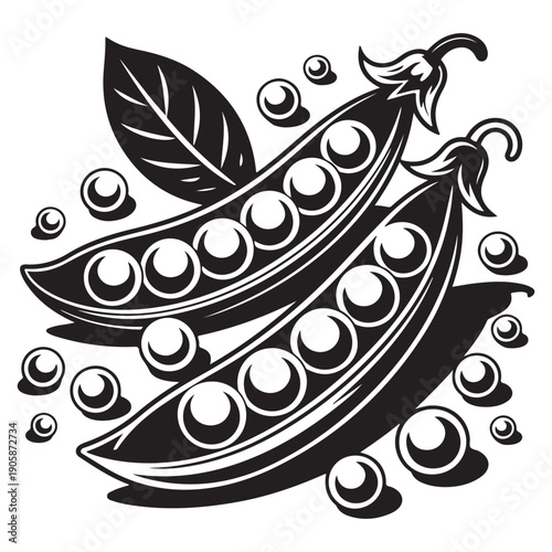 Two opened pea pods with loose peas and leaf showing fresh vegetable harvest and healthy eating garden produce