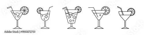 Refreshing summer cocktail beverages line art icon set vector