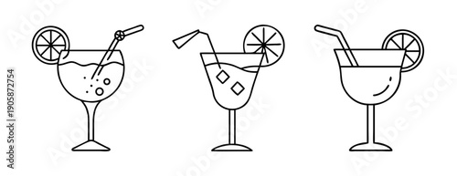 Outline icon of various summer cocktails with citrus and straw