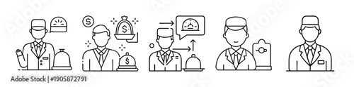 Hotel service staff line icons; hospitality and concierge