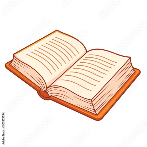 An open book with orange text on white pages, lying flat on a surface.