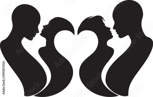 Silhouette of loving couples sharing tender romantic kisses together
