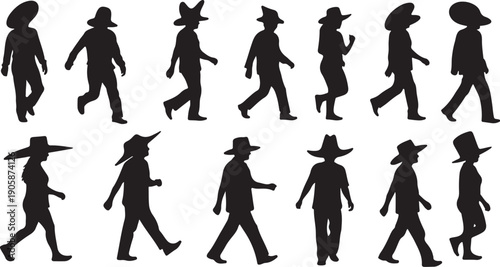 Silhouettes of people walking in various poses and hats