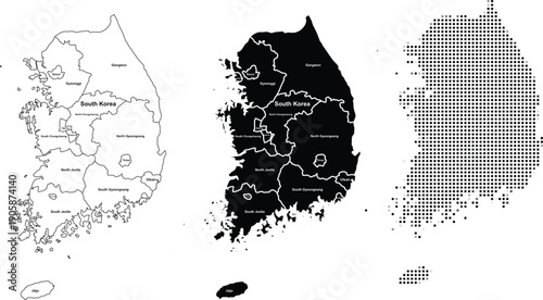 South Korea map vector set with provinces black silhouette and pixel grid isolated on white