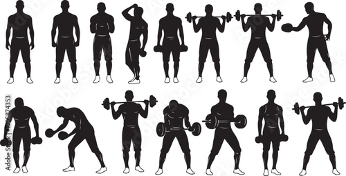 Silhouettes of people exercising with dumbbells in various poses