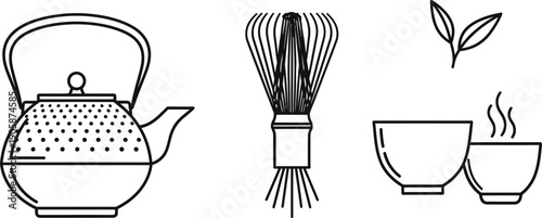 Set of tea ceremony icons including teapot and whisk