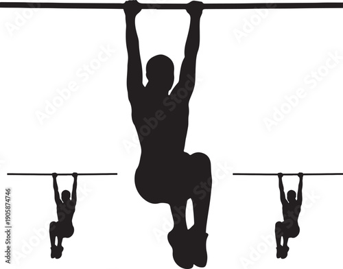 Silhouette of a person hanging from a pull up bar isolated on transparent background