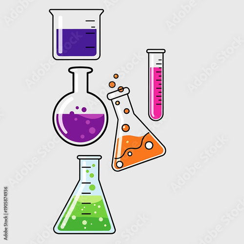 Chemistry lab equipment icon collection. Includes beaker, flask, test tube, and conical flask. Created in colorful cartoon style with vibrant palette.
