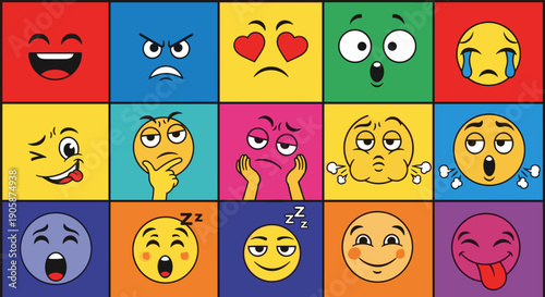 Vibrant Emotional Expressions: A Colorful Collage of Cartoon Emoji Faces Representing a Range of Human Emotions for Social Media, Communication, and Creative Designs