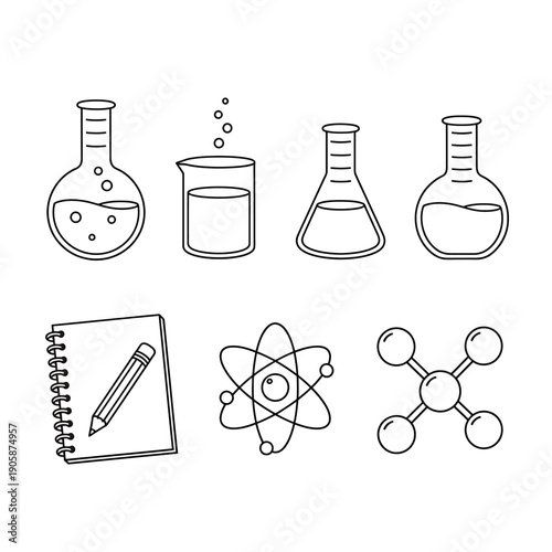 Science education icon collection. Includes laboratory equipment, notebook, pencil, atom, and molecule symbols. Created in line style with black and white palette