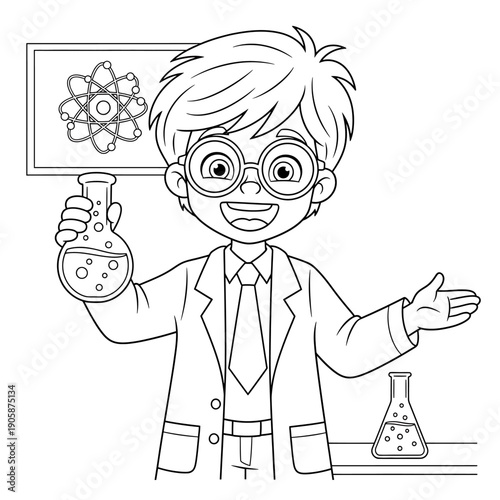Enthusiastic Young Cartoon Boy Scientist with Glasses and Lab Coat, Holding a Bubbling Beaker, Ready for a Creative Chemistry Experiment and Scientific Discovery
