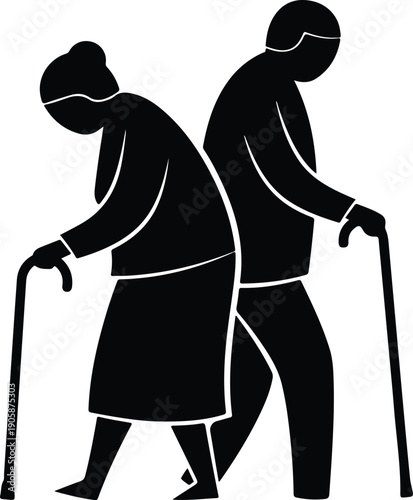 Silhouette of elderly couple walking with canes, symbolizing aging, retirement, and senior life challenges