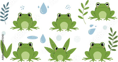 Cute Frog and Nature Illustration Set with Green Amphibians, Leaves, Water Drops, Pond Elements, and Adorable Cartoon Wildlife Characters