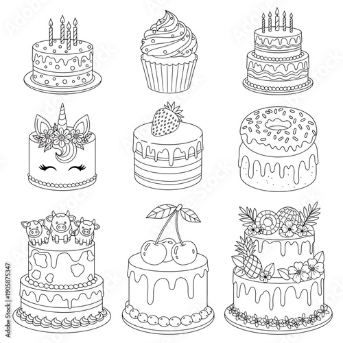 Birthday cakes and desserts outline icon collection. Includes unicorn cake, cupcake, donut, strawberry cake, and cherry cake symbols. Created in black and white line art style with no fill.