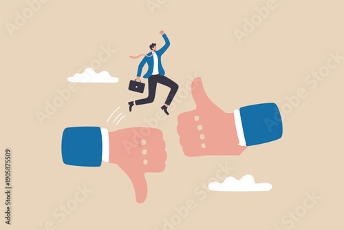 Businessman balancing on thumbs up and down icons in a business context