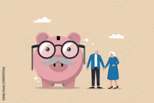 Elderly couple standing in front of a giant piggy bank wearing glasses