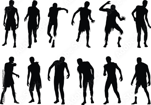 Zombie silhouettes illustration with tattered clothing, staggering walking poses, black and white artwork, horror, Halloween, undead, scary, eerie design concept