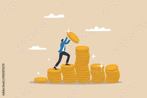 Businessman climbing a tower of gold coins while holding an umbrella