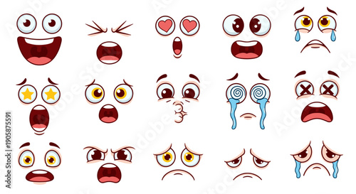 Expressive Cartoon Faces: A Collection of Emotions for Animation and Design, Ranging from Joyful Laughter to Frustration and Sadness, Perfect for Educational Materials