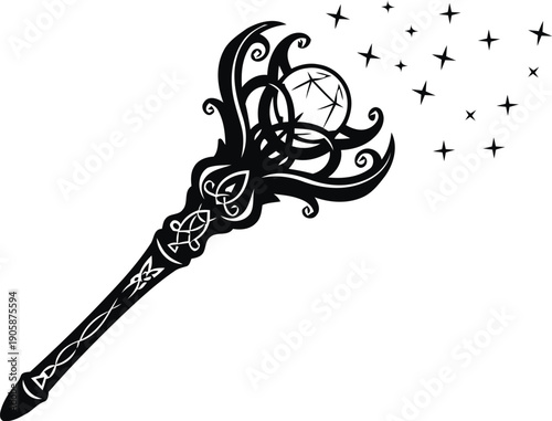 ​Ornate fantasy magic wand vector illustration featuring intricate swirling patterns and glowing stars, representing sorcery, enchantment, and mystical power