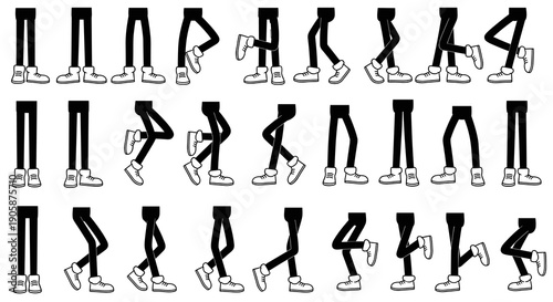 Cartoon Legs Animation: A Comprehensive Set of Walk Cycle Poses for Character Design and Animated Projects, Illustrating Motion and Gait Sequences with Detailed Shoe Accents