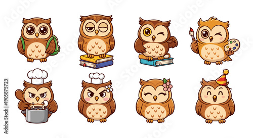 Adorable Owl Cartoon Characters: A Versatile Collection for Educational and Creative Projects, Featuring Students, Artists, Chefs, and More, Perfect for Children's Content and Design