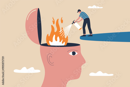 A man is trying to put out a fire inside a person's head with a bucket of water.