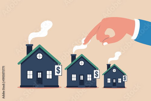 Illustration of a hand placing a coin on a row of houses with dollar signs.