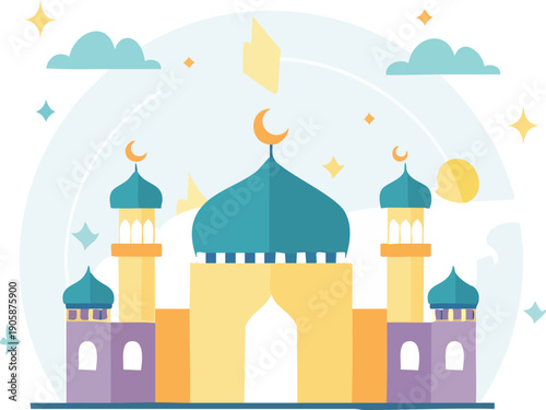 Colorful mosque illustration with minarets and stars.
