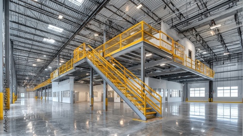 Spacious, modern industrial warehouse interior with a multi-level mezzanine, yellow railings, and polished concrete floor.