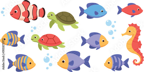 Cute Underwater Sea Animals Illustration Set with Colorful Fish, Turtles, Seahorse, Ocean Wildlife, and Playful Marine Cartoon Characters