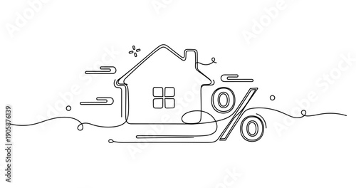 Simple line art of house and percentage symbol depicting real estate financing. None editable stroke