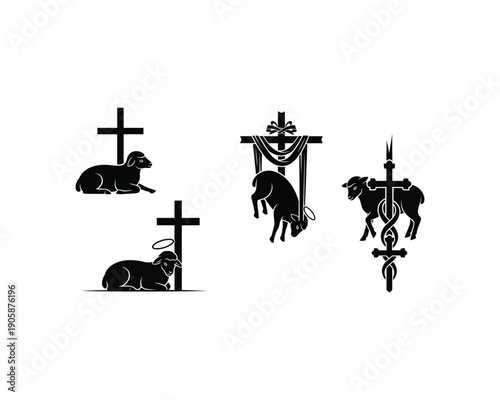 Black silhouettes of lambs and crucifixes on white background