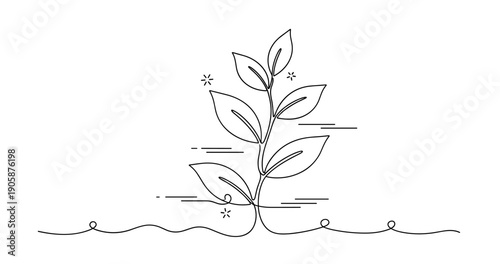 Minimalist line art of a growing plant with leaves and swirls. None editable stroke