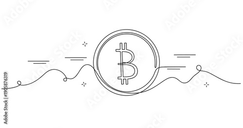 Minimalist bitcoin icon on white background with abstract wave design. None editable stroke