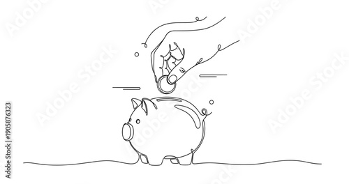 Hand placing coin into piggy bank line drawing. None editable stroke