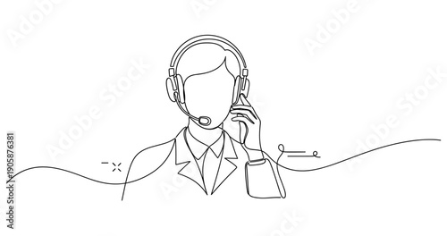 Minimalist line drawing of male call center agent with headset. None editable stroke